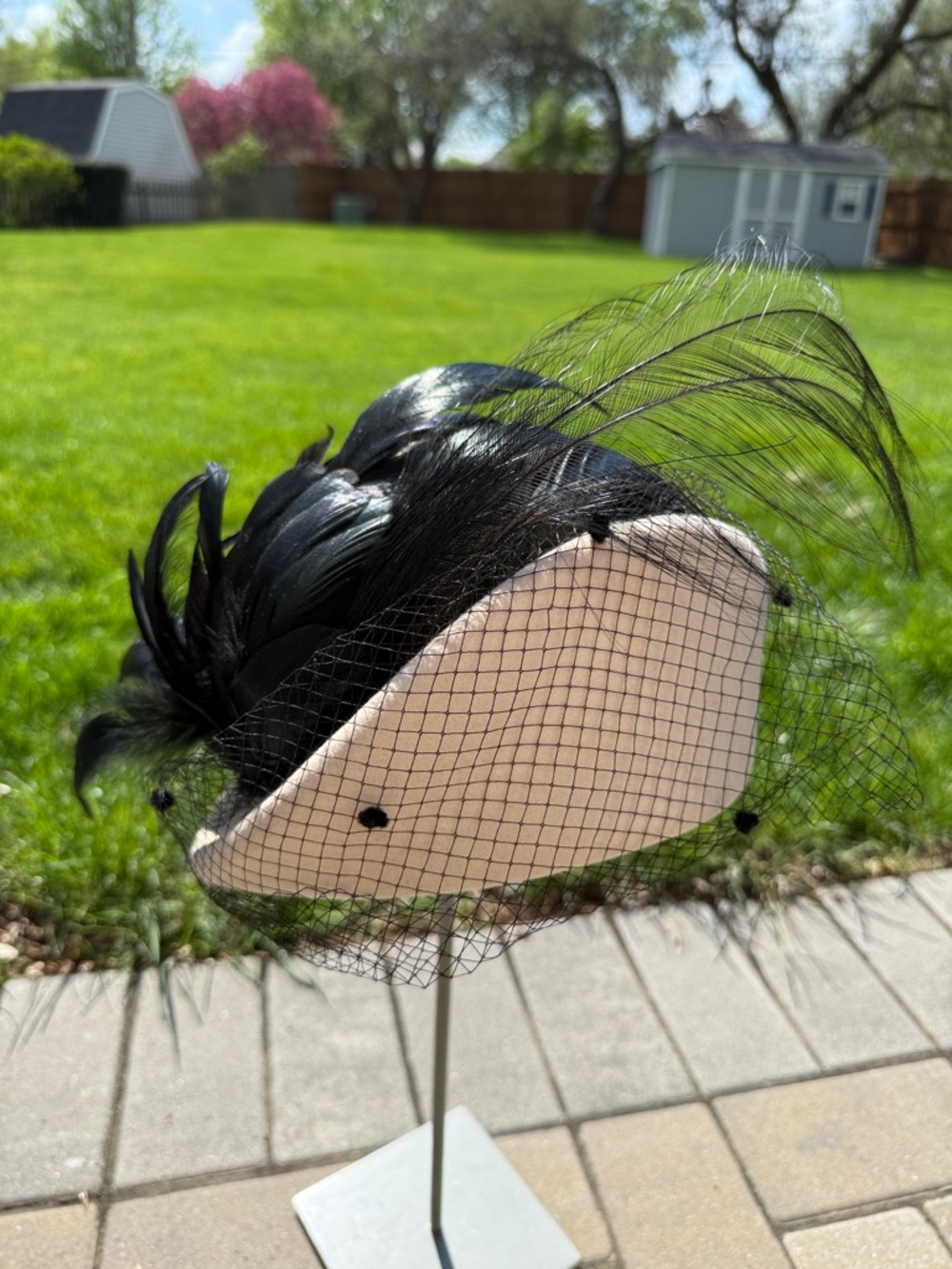 Vintage Don Anderson Beige Pillbox Wool Hat w/ Ostrich Feather Trim & Veil